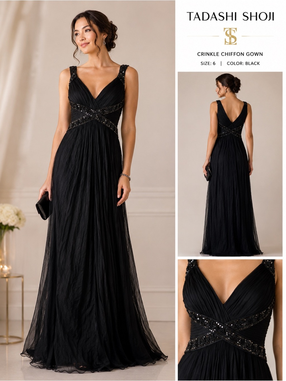 Tadashi Shoji Black Crinkle Chiffon vintage in Beaded Empire Gown